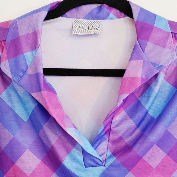 Vintage 70s Argyle Plaid Short Sleeve Blouse Medium Magenta, Bubblegum Pink - Picture 14 of 15